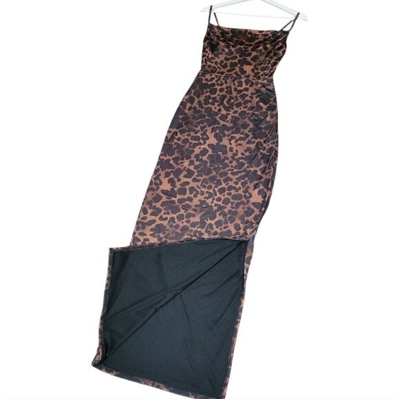 NWOT PrettyLittleThing Shape Brown Leopard Print Slinky Cowl Neck Maxi Dress 6 M - Picture 4 of 8